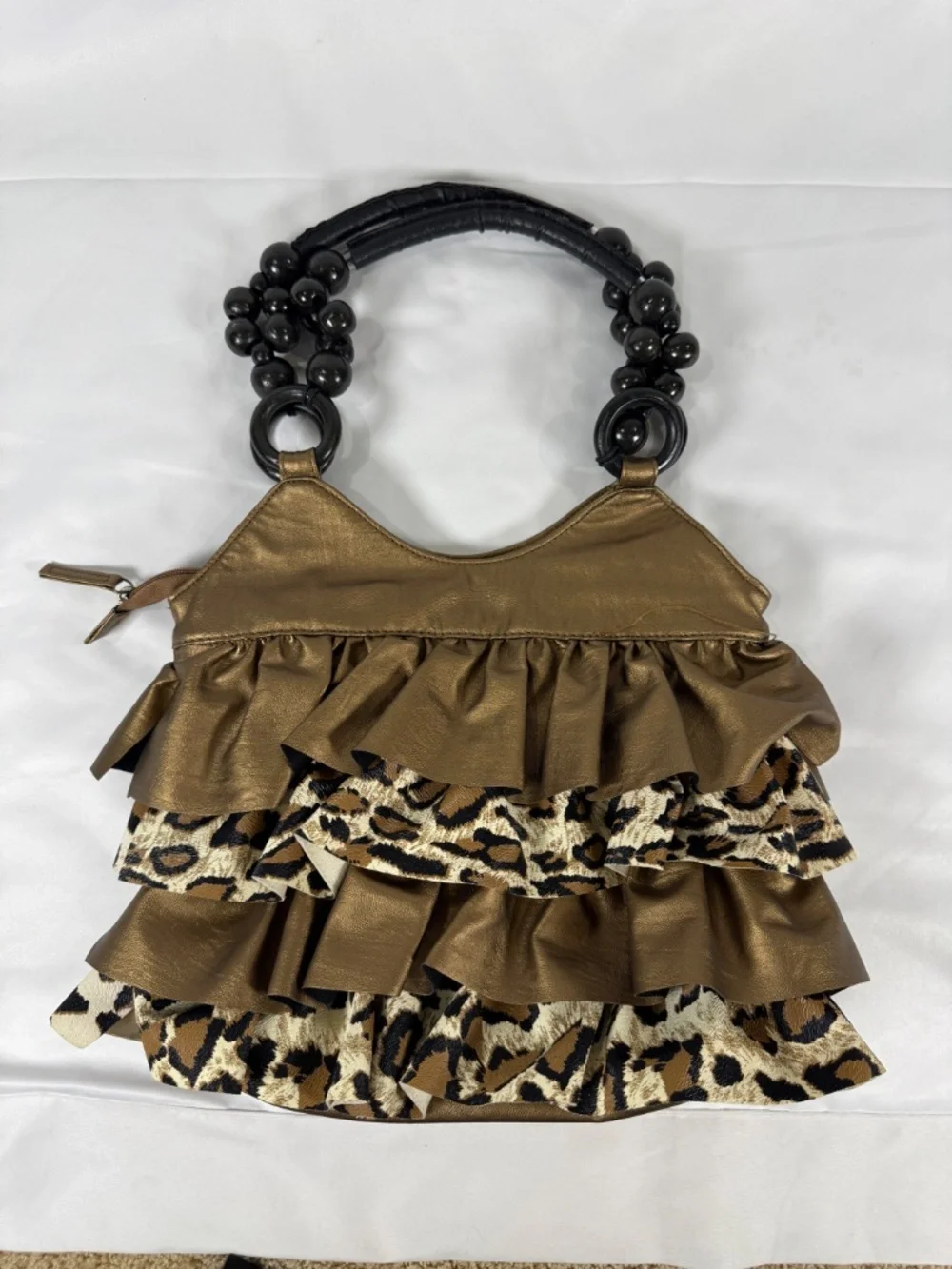 Y2K Bronze Leopard Ruffle Glam Handbag